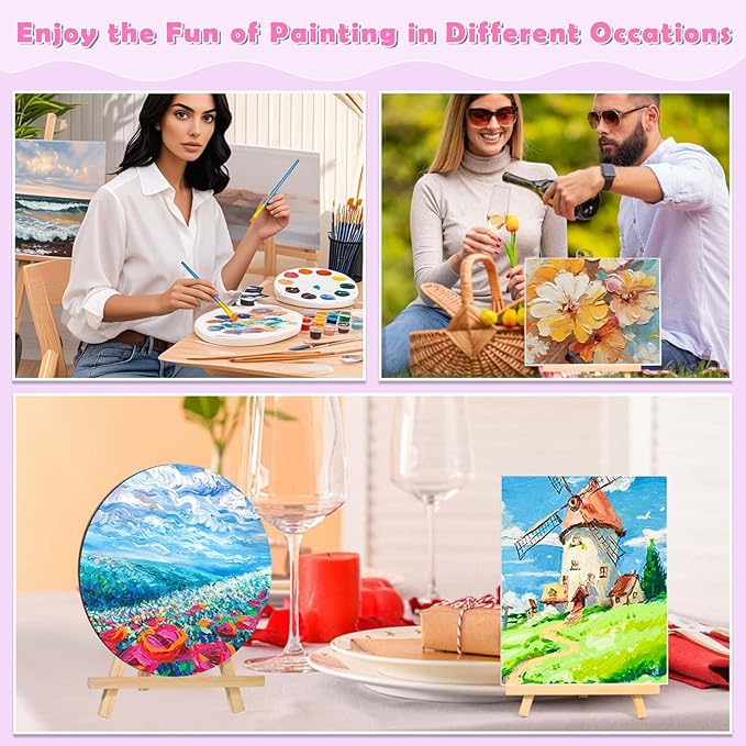 Date Night Painting Kit, 62 Pcs Detail Paint Brushes Canvas Panels with Wood Easel 12 Colors Acrylic Paint, Circular Canvas Art Aprons Sip and Paint Supplies for Adults, Kids, and Beginner