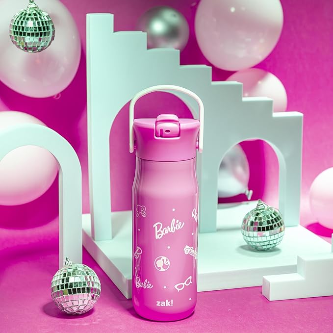 Zak Designs Barbie Harmony Water Bottle for Travel or At Home, 20oz Stainless Steel is Leak-Proof When Closed and Vacuum Insulated with Straw Lid and Carry Handle (Pink)