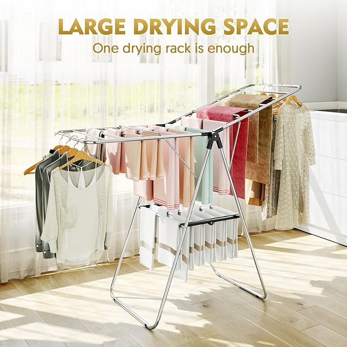 APEXCHASER Clothes Drying Rack, Drying Rack Clothing with Height-Adjustable, Foldable Gullwings Laundry Rack, Indoor Outdoor Use, No Assembly,Black