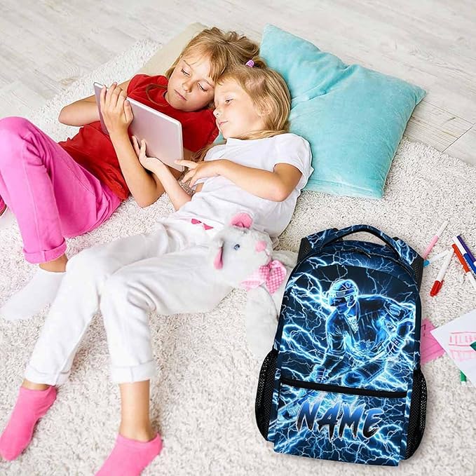 Personalized School Backpack for Kids Boys - 17 Inch Custom Ice Hockey Backpacks with Name for Kids Kindergarten Primary Senior Middle - Cool Durable Lightning Bookbag