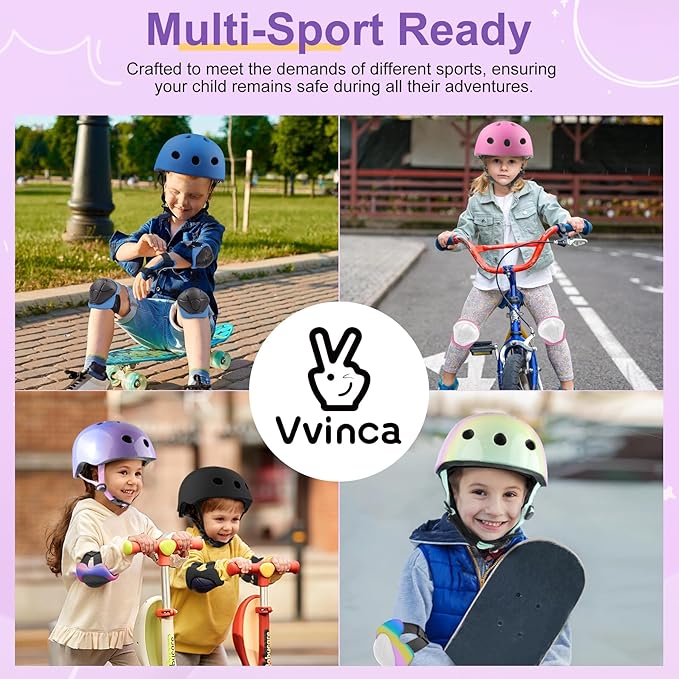 Vvinca Kids Toddlers Bike Helmet Adjustable for Ages 3-5-8 Years, Knee Pads and Elbow Pads Set Wrist Guard Sports Protective Gear Set for Roller Skate Bicycle Skateboard Scooter Girl Boy Birthday Gift