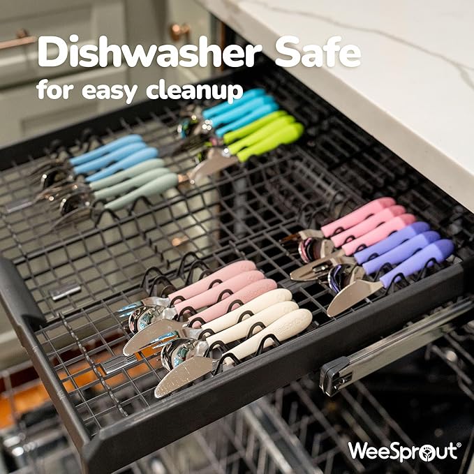 Kids Stainless Steel Utensils Set - Premium 18/8 Grade Silverware Kit - 2 Spoons, 2 Forks, and 2 Knives for Ages 4-7 - Silicone Easy-Grip Handles - Children Flatware Cutlery (Bright - Blue, Green)