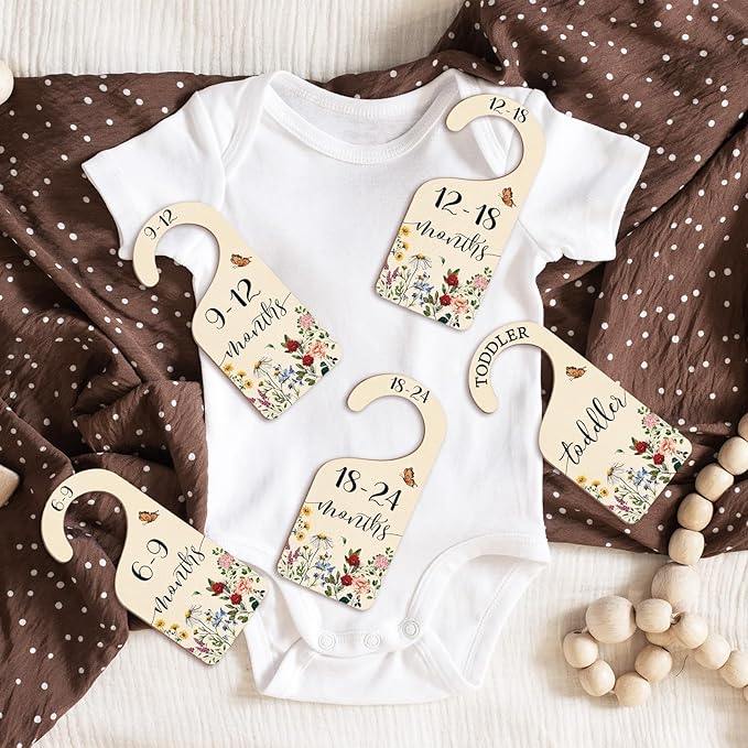 Whaline 8Pcs Vintage Wildflower Hanging Wood Baby Closet Size Dividers and Organizer - Newborn to 24 Months - Thicken Wardrobe Organizer for Home Nursery