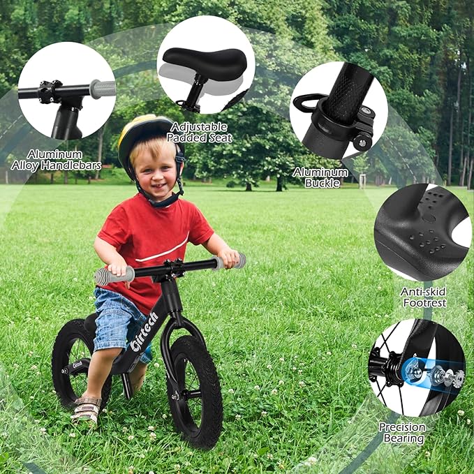 12" Balance Bike for 2, 3, 4, 5 Year Old Boys and Girls, Lightweight Nylon Frame Toddler Training Bike No Pedal Bikes for Kids with Adjustable Seat and Air Tires