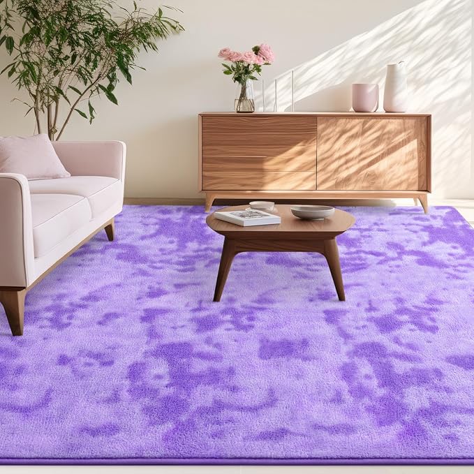 Kimicole 7x10 Washable Area Rugs for Living Room Bedroom, Large Low Pile Ulta-Thin Solid Color Rug, Non-Slip Soft Fluffy Carpet for Nursery Kids Room Dorm Room Home Decor (Purple)