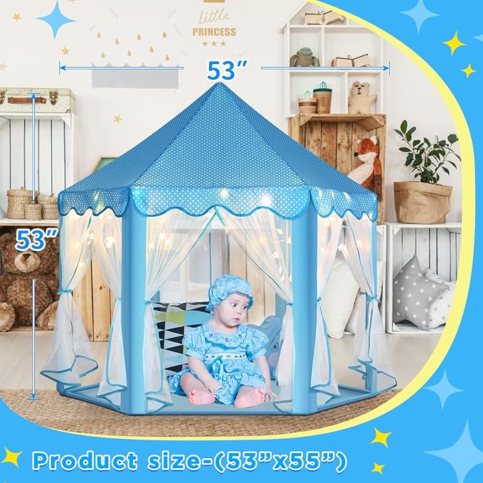 Monobeach Princess Tent Girls Large Playhouse Kids Castle Play Tent with Star Lights Toy for Children Indoor and Outdoor Games, 55'' x 53'' (DxH) (Blue Prinecss Tent with Little Star Lights)