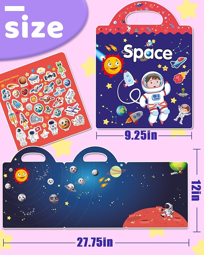 Benresive Reusable Sticker Book for Toddlers 2-4 Years, Fun Travel Stickers for Kids, Waterproof Sticker Books for Toddlers 1-3, Crafts Activities for Todddlers 1-3 2-4 3-5 - Space