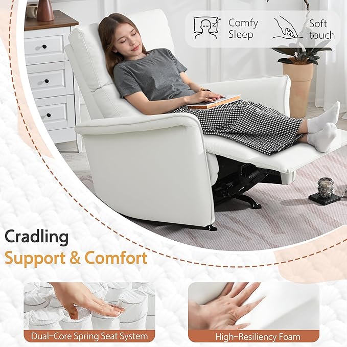 Manual Rocker Recliner Chair with Glider Motion for Nursery, 150° Recline & Wide Armrests - Overstuffed Leather Nursery Chair for Small Spaces, Living Room, Bedroom