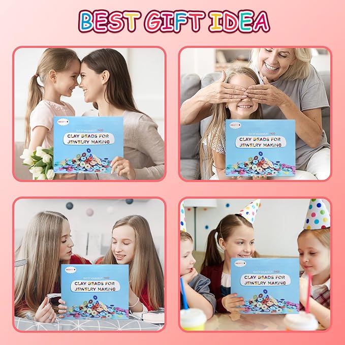 Redtwo 7400 Pcs Clay Beads Bracelet Making Kit for Biginner, 48 Colors for Friendship Jewelry Making Kit, Flat Polymer Heishi Beads with Charms Gifts for Teen Girls Crafts for Girls Ages 8-12