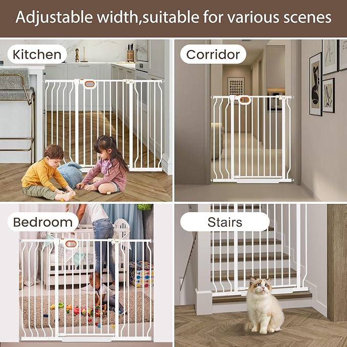owlie 37.4" Extra Tall Wide Baby Gate for Stairs Doorways,75-85 Inch Extra Large Long Baby Gate with Door Indoor Safety Metal Pressure Mounted Pet Gate with Walk-Thru Auto Close, White