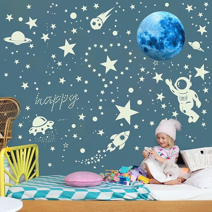 530 Glow in The Dark Stars Ceiling Stars Glow in The Dark Glow Moon and Space Wall Decals Astronaut Universe Galaxy Planet Wall Stickers Glowing Wall Stickers Kid Boys Living Room Decor