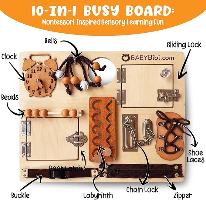 10-in-1 Montessori Busy Board for Toddlers - Safe, Durable Sensory Activity Board with Locks, Shoelaces & More - Perfect Educational Toy Built for Growth & Travel - Recommended for Ages 3 Years & Up
