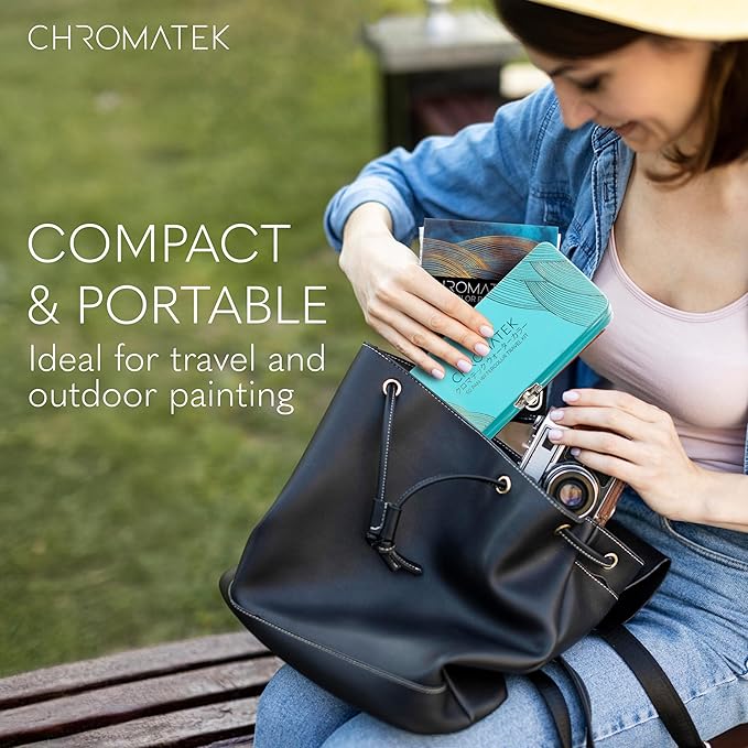 CHROMATEK Watercolor Paint Set β 50 Vivid Colors Including Transparent, Opaque & Pastel β Art Kit with Brush, Water Pen, Palette, Color Chart, Swatch Sheets, Pad & Metal Travel Case