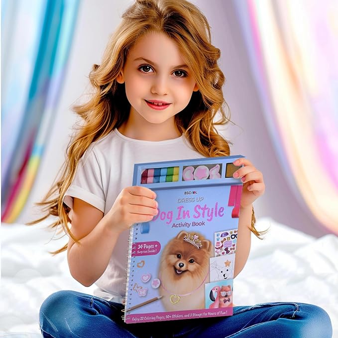 BSCOOL Dog in Style – Design Your Pet Fashion with 25 Coloring Pages, 3 Stamps, 50+ Stickers, Washi Tapes and Guides. Discover Unique Outfits for Dogs. Educational. Travel Friendly for Ages 5 and up.