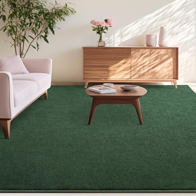 Kimicole 6x9 Washable Area Rugs for Living Room Bedroom, Large Low Pile Ulta-Thin Solid Color Rug, Non-Slip Soft Fluffy Carpet for Nursery Kids Room Dorm Room Home Decor (Dark Green)