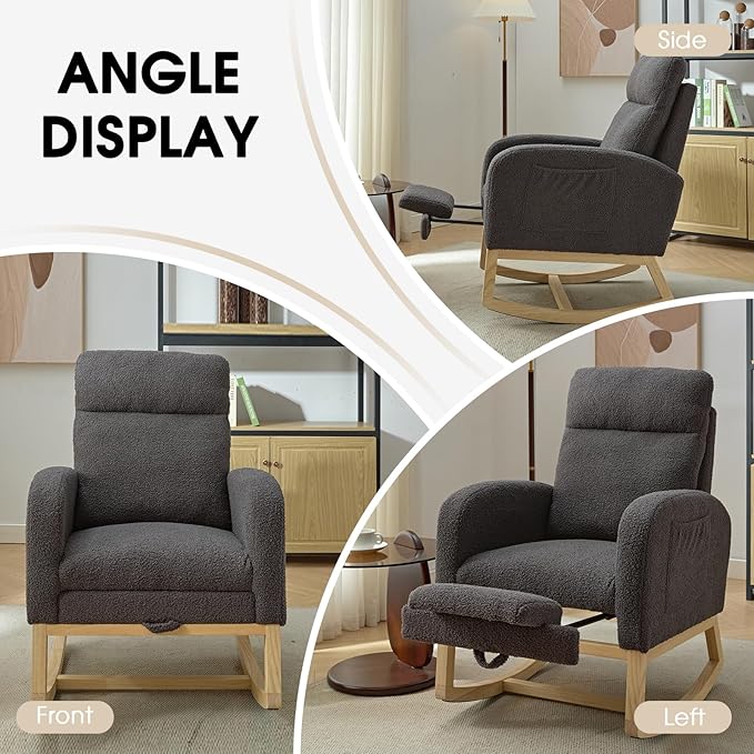 NIOIIKIT Modern Nursery Rocking Chair, Teddy Upholstered Rocking Chair with Footrest, Comfortable Rocker Chair with Side Pocket, Rocker Chair for Living Room, Bedroom, Nursing Room (Grey)