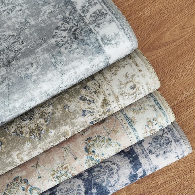 jinchan Hallway Runner Rug 3x10 Washable Runner - Vintage Floral Non Slip Low-Pile Soft Thin Faux Wool Kitchen Rug Distressed Carpet for Farmhouse Bedroom Laundry Room(3x10ft,Taupe)