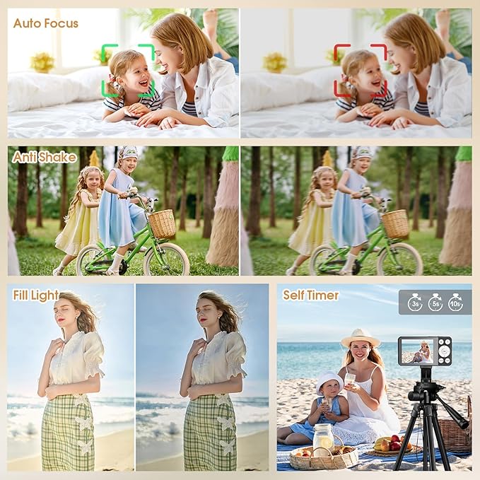 4K Digital Camera for Teens, FHD 64MP Digital Camera for Kids with 64GB SD Card, 18X Digital Zoom Cameras for Photography, Point and Shoot Video Camera for Kids, White