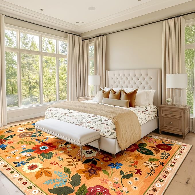 Floral 6x9 Area Rug Machine Washable Soft Print Boho Carpet Non Slip Doormat Low Pile Flower Area Rugs for Living Room Bedroom Nursery Kitchen Dining Room Indoor-Yellow/Orange