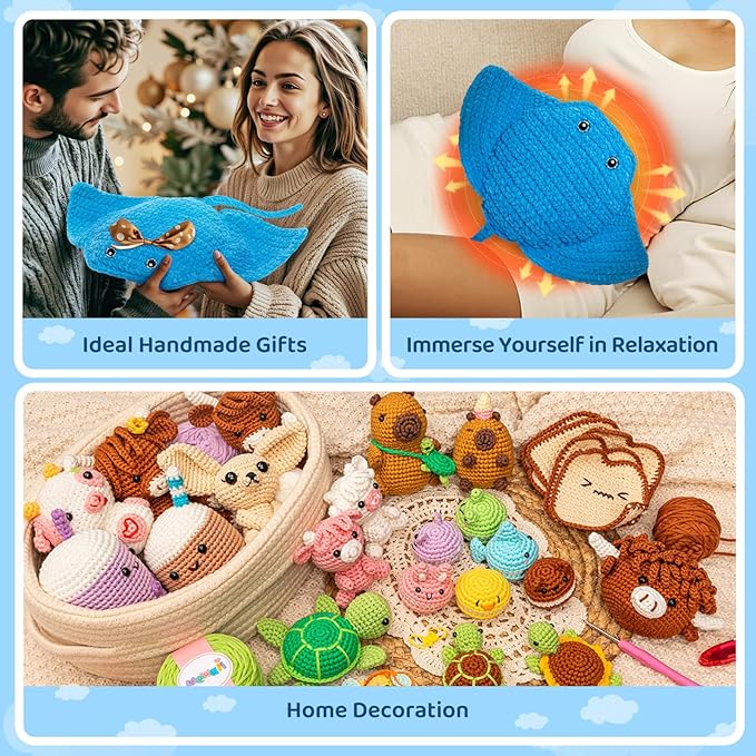 Mewaii Microwavable Heatable Manta Ray Crochet Kit for Beginners Level 2 with 40% Extra Eco-Friendly Pre-Started Easy Yarn, Step-by-Step Video Tutorials for Adults and Kids