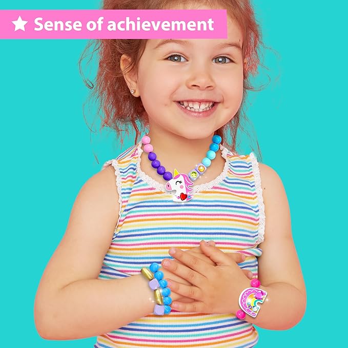 KRAFUN Unicorn Bracelet Craft Kit for Kids, Premium Wooden Beads, 14 Easy DIY Friendship Bracelets, Charms, Gem Stickers, Instructions, Gift for Girls