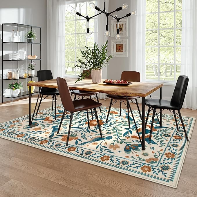 Moynesa Washable Boho Bird 6x9 Area Rugs, Ultra Thin Soft Living Room Rugs for Bedroom Non Slip, Stain Resistant, Easy Clean, Large Beige Indoor Throw Carpet for Dining Room Office Nursery