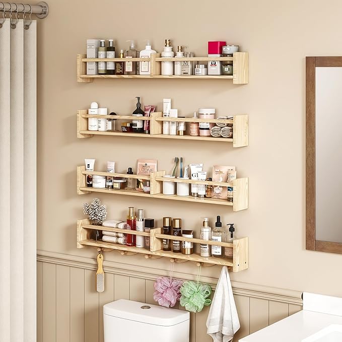 34Inch Nursery Bookshelves,Set of 4,Wall Floating Shelf Kids Coat Rack with 6Hooks,Hanging Book Shelf for Baby Nursery Room Décor, Patent Number: 29958098(Burlywood, 34)