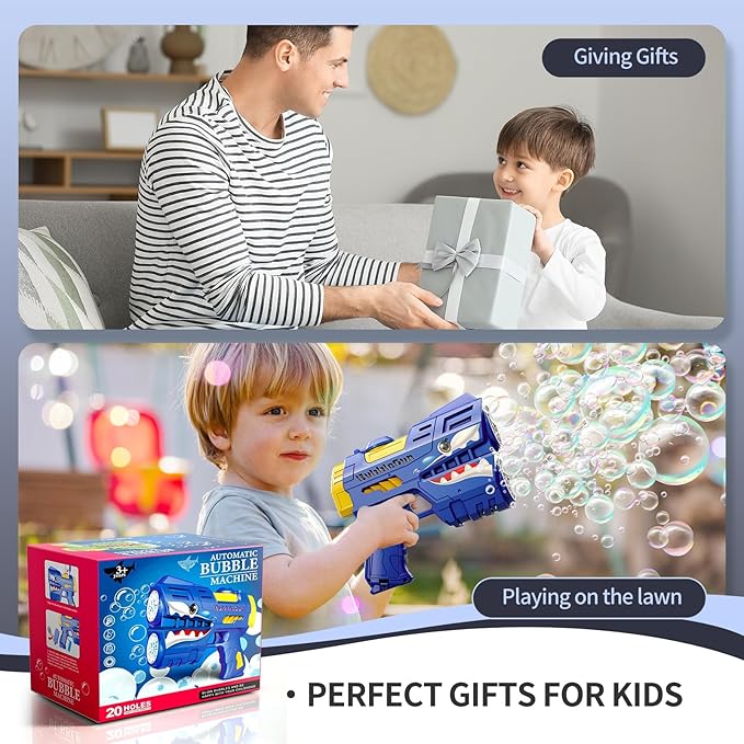 Rechargeable Blue Shark Bubble Guns for Kids, LED Light Up Bubble Machine Blower with 2 Bottles Bubble Refill Solution for Kids, Bubble Makers Blaster for Toddlers, Summer WeddingToys Gift