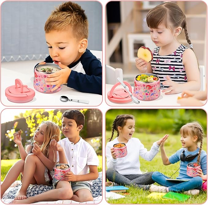 14oz Insulated Vacuum Food Jar with Buckle Lid,Soup Thermo for Hot Food Kids,Wide Mouth Leakproof Stainless Steel Lunch Container with Spoon-Mermaid