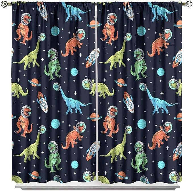 Cartoon Dinosaur Curtains for Kids Boys Girls Home Decor, Astronaut Rocket Funny Outer Space Blackout Rod Pocket Window Drapes for Bedroom Living Room W21xL45in 2 Panels