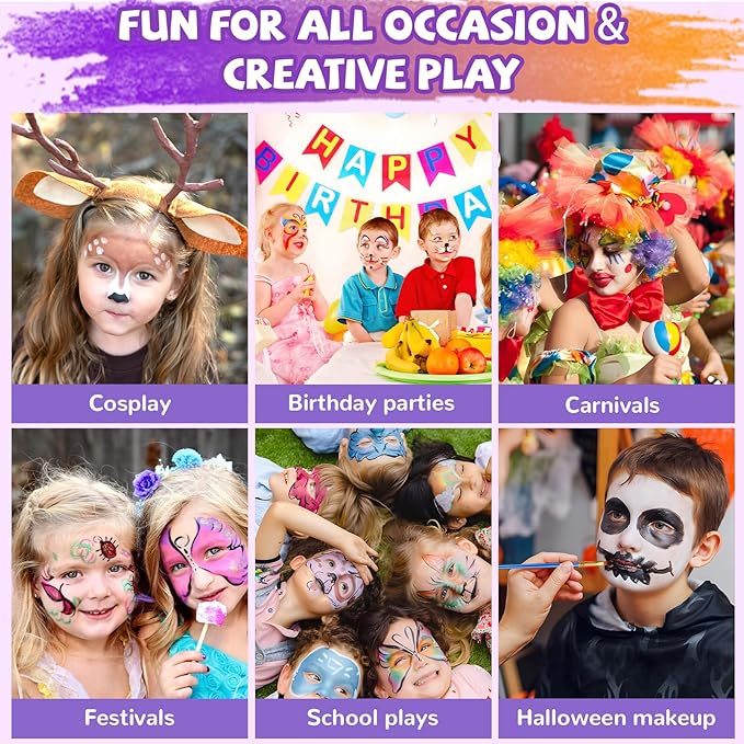Professional Face Painting Kit for Kids – 54 Color Water Activated Facepaint Makeup Kit, Non-Toxic face Paint with Stencils, Gems, Brushes– for Halloween, Parties, Carnival, School Event & Festivals