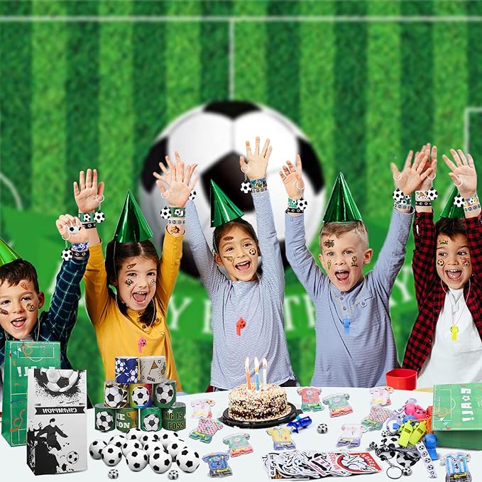 158Pcs Soccer Party Favors - Bags, Whistles, Balls, Slap Bracelets, Keychains, Stickers, Tattoos for Party Goodie Bags