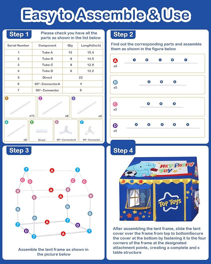 Kids Play Tent, Toddler Tent for Kid Indoor & Outdoor, 48.5"x39.4"x48.5" Playhouse Tents with Complete Toys Set, Kids Tent 3 Window, Lights and 5 Balloons