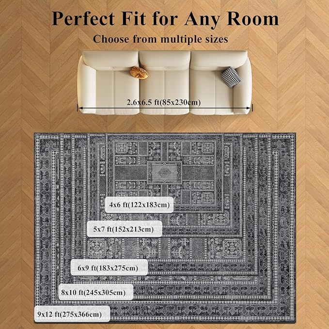 Washable 6x9 Area Rug for Living Room, Carpet for Bedroom Dining Room, Non Slip&Non-Shedding Resistant Low Pile Vintage Print Rug for Home Office (Grey)