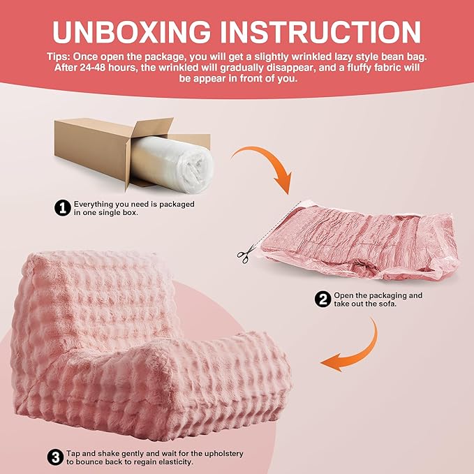 Modern Bean Bag Chair, Large Bean Bag Couch for Adults with Memory Foam Filled, Soft Faux Bunny Fur Lazy Chair for Living Room Bedroom Dorm Apartment, No Assembly Required, Pink