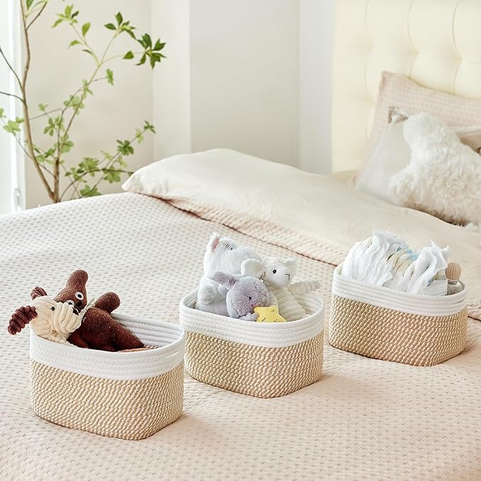 Small Cotton Rope Storage Basket Set of 3-11"x7"x7" Perfect Woven Baskets for Storage, Ideal Storage Baskets for Organizing Toys, Towels, and More - Baskets for Shelves(White & Mixed Camel)