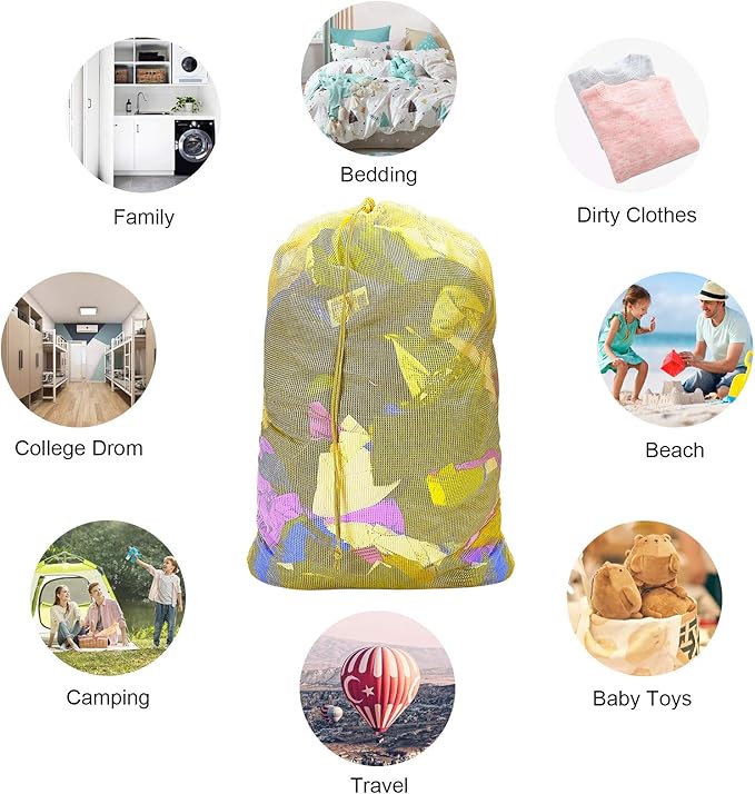 Mesh Laundry Bags, 24" x 36", Heavy Duty with Reinforced Handles, Foldable & Portable, Drawstring Closure, 3-Pack, Mixed Colors