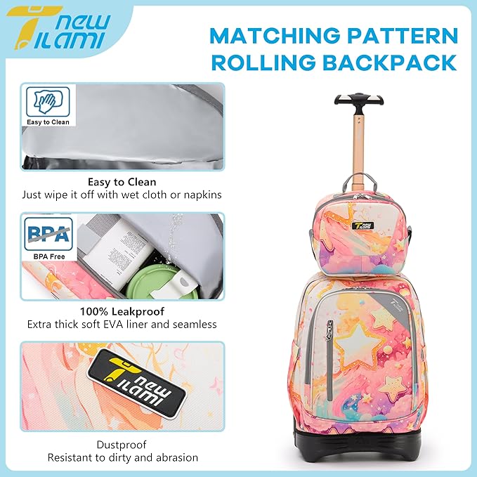 NEW TILAMI Girls 18 inch Rolling Backpack - Large Capacity, Waterproof, Adjustable Handle, Stylish Design, Ideal for School & Travel, Starshine
