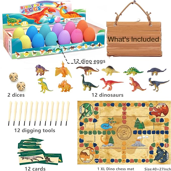 Dino Fossil Eggs Dinosaur Toys - 12 Dinosaur Eggs Dig Excavation Kit w Play Mat for Kids Ages 5-7 Easter Basket Essentials STEM Toy Christmas Birthday Gift for Boys Girls 3 4 5 6 7 8 + 8-13 Years Old