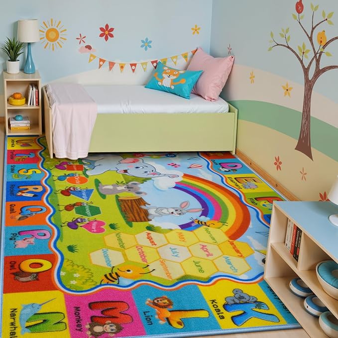 STARUIA ABC Rug for Kids Playroom, Classroom Floor Play Mat for Kids, Preschool Educational Rug for Learning Alphabet Animals Numbers Months, ABC Carpet Play Rug for Nursery Kid Room Decor (63"x78")