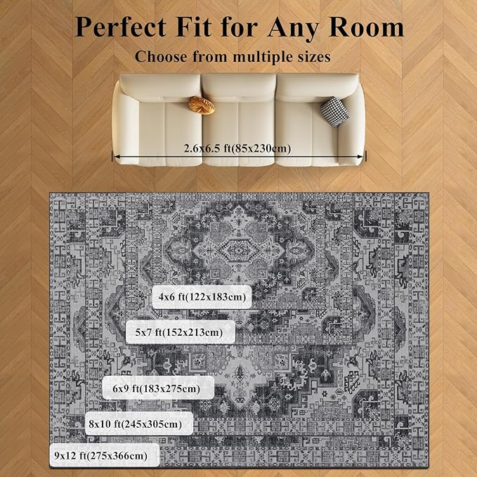 Washable 6x9 Area Rug for Living Room, Carpet for Bedroom Dining Room, Non Slip&Non-Shedding Resistant Low Pile Vintage Print Rug for Home Office (Medium Gray)