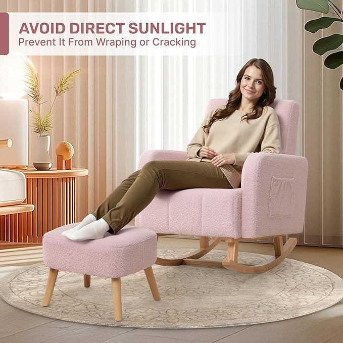 Rocking Chair with Ottoman, Upholstered Nursing Glider Rocker with High Backrest and Side Pocket, Comfy Reading Chair with Solid Wood Legs for Nursery/Living Room/Bedroom Pink