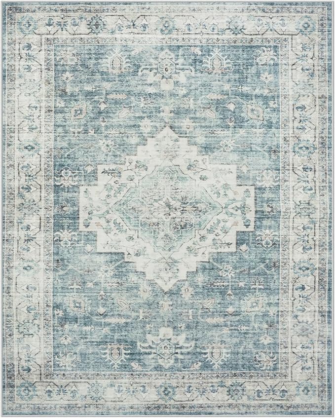 LIVEBOX Washable Area Rug 8x10 Rugs for Living Room Bedroom, Non-Slip Boho Indoor Carpet for Dining Room Office, Low-Pile Farmhouse Soft Carpets for Kids Nursery Room Playroom, Blue
