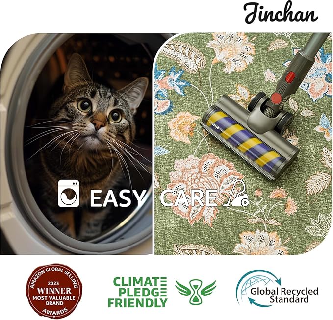 jinchan 3x5 Floral Rug for Entryway Washable Kitchen Rug Vintage Romance Design Small Mat Non Slip Indoor Doormat Lightweight Low-Profile Throw Carpet for Entrance Bathroom Laundry Room, Green