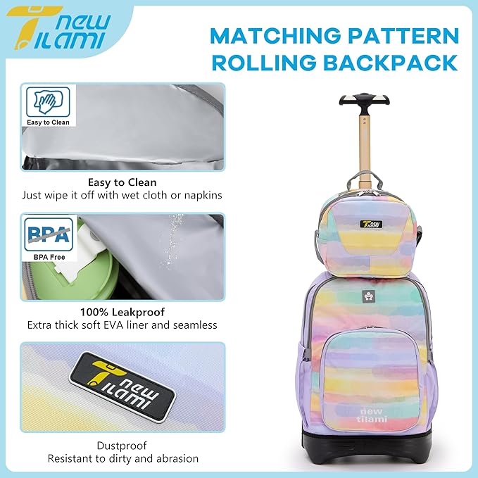 NEW TILAMI 18 inch Rolling Backpack for Kids – Waterproof, Stair-Climbing, Adjustable Handle, Variety of Colors & Patterns for School, Mood Map