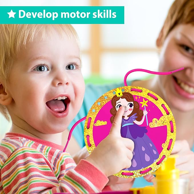 EZCRA Premium Foil Edge Lacing Cards for Kids Ages 3-6 | 5 Double-Sided Princess and Unicorn Sewing Cards with Multilingual Learning | Durable Cardboard Fine Motor Skills Activity Kit