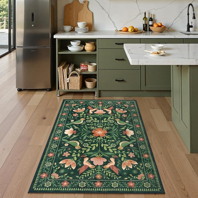 Moynesa Boho Bird Washable Rug, 3x5 Ultra-Thin Dark Green Kitchen Rugs Non-Slip, Stain Resistant, Low Pile, Indoor Small Living Room Throw Carpet for Entryway Bathroom Office Bedroom