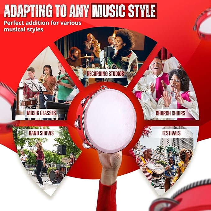 Flexzion Wooden Round Tambourine for Kids and Adults 10" Inch Single Row 8 Pair Jingles, Red Handheld Percussion Instrument for Beginner and Professional Tambourine Player