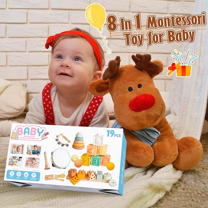 Musical Instruments Wooden for Kids 1-5 Year, Percussion Instruments Music Toy Set with Tambourine, Handbells, Clarinet, Sounder for Toddlers, Montessori Educational Toys for Baby (Natural Color)