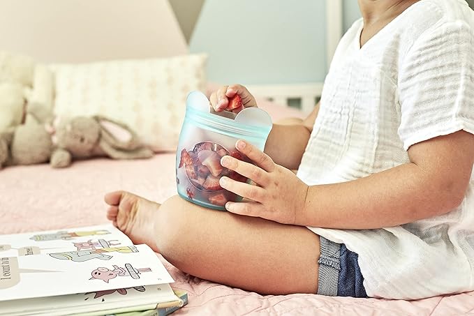 Zip Top Reusable 100% Silicone Baby + Kid Snack Containers - The only containers that stand up, stay open and zip shut! No Lids! Made in the USA - Teal Bear